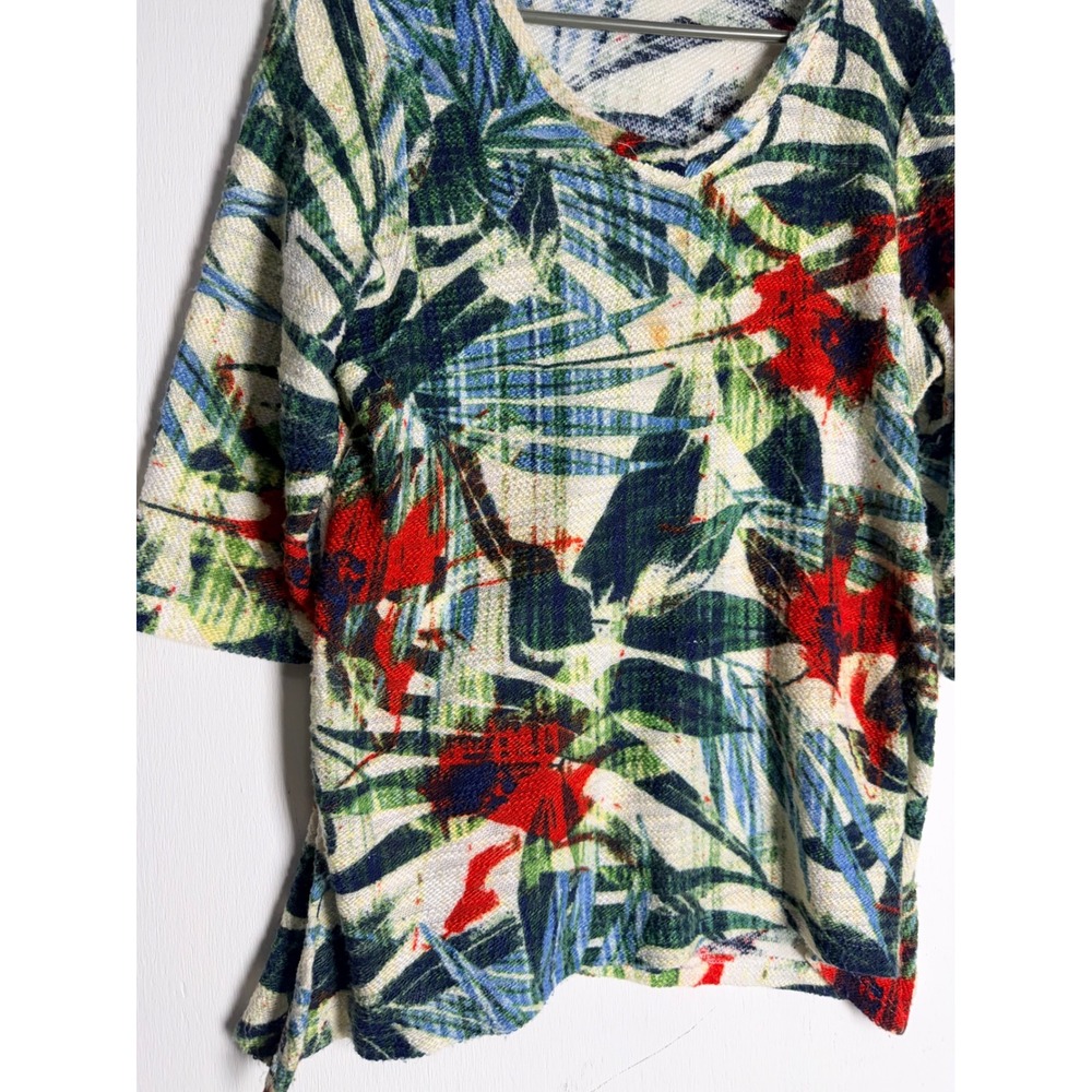 Thomas & Olivia Tropical Palm Leaf Floral V-Neck Knit Top 3/4 Sleeve Large - Picture 3 of 11